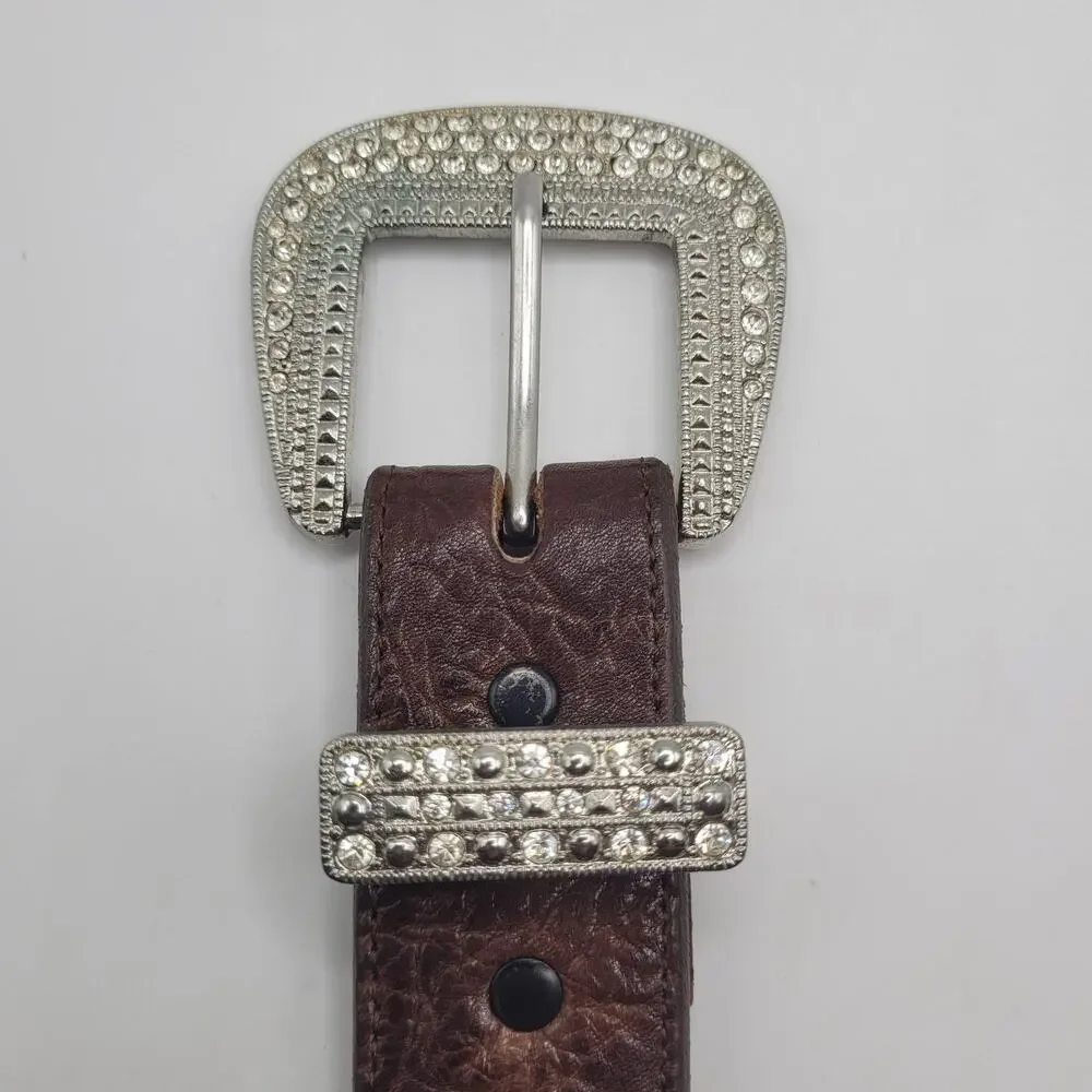 Brown Leather Belt Mens 40 Tooled Western Cowboy Rhinestone Buckle Bling Rodeo
